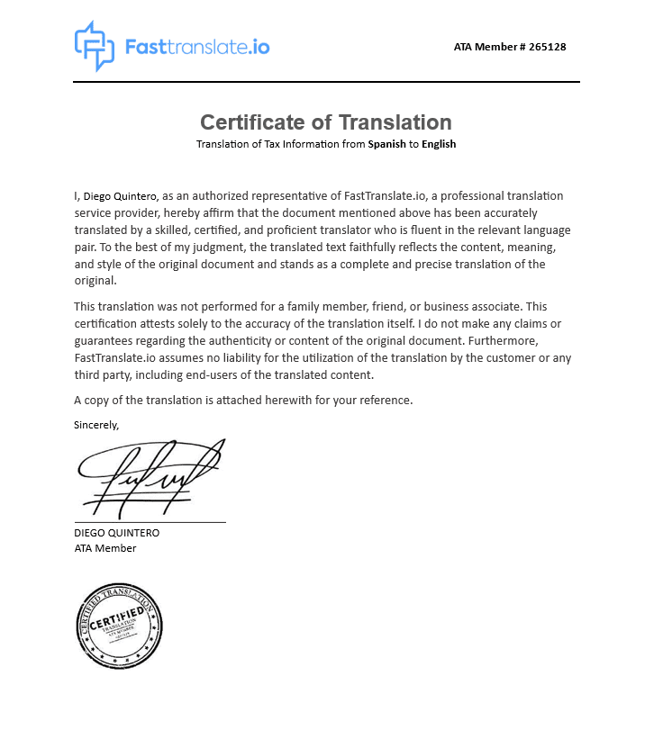 Certified Translation of Tax Information
